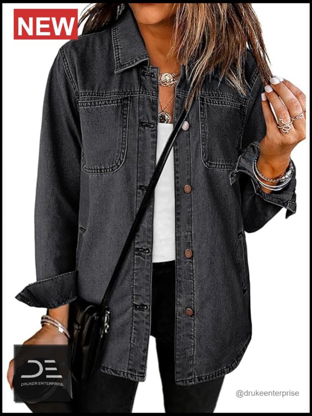 Denim Jacket Long Sleeve Button Down Shirt Jacket Jean Shacket with Pockets